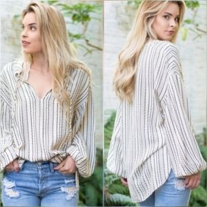 Free People Gray and White Boxy Long Sleeve Blouse